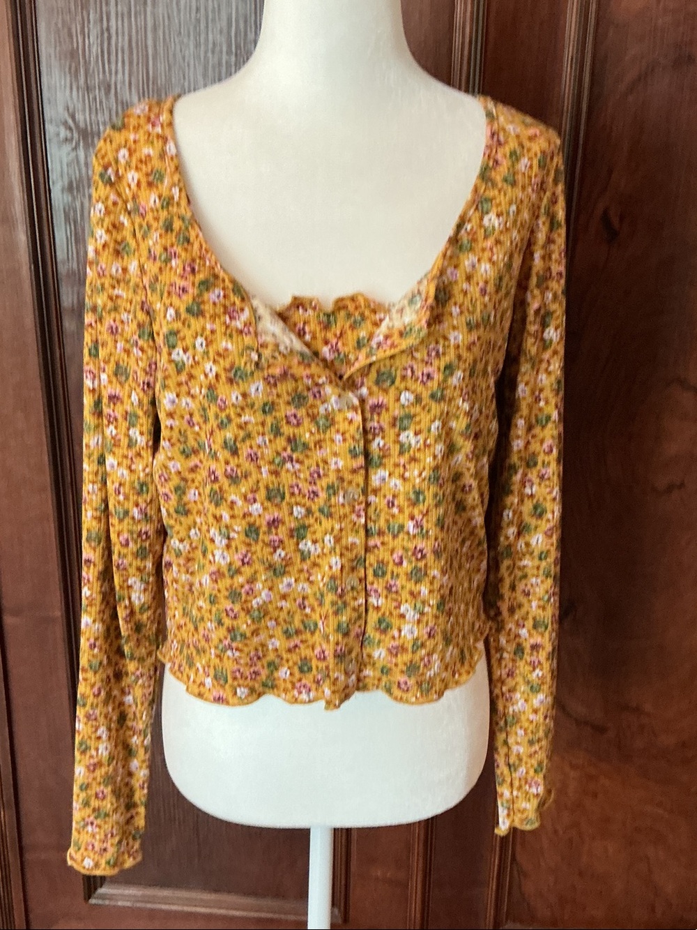 love, Fire Two Piece Mustard Floral Long-Sleeve Cardigan With Attached Tank